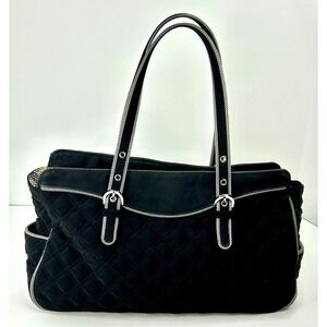 Vera Bradley Microfiber Shoulder Bag Medium Black Quilted w/Checkerboard Trim‎